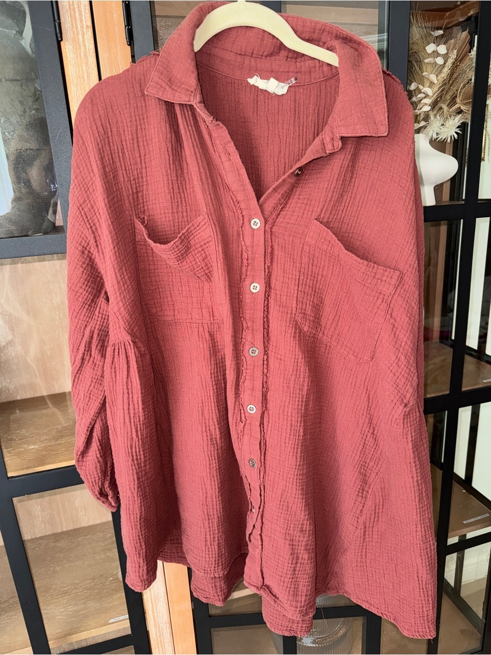Entro muslin long sleeve shirt dress rust cotton oversized tunic top collar